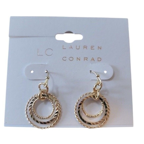 Lauren Conrad Gold Tone Double Hoop Drop Earrings Dangle‎ Fashion - Picture 1 of 2